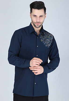 Hand Embroidered Polyester Shirt in Navy Blue