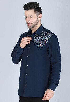 Hand Embroidered Polyester Shirt in Navy Blue
