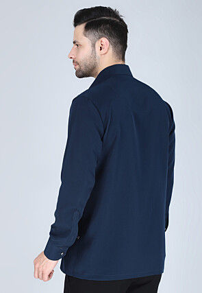 Hand Embroidered Polyester Shirt in Navy Blue