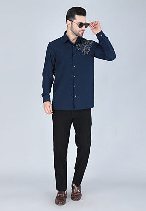 Hand Embroidered Polyester Shirt in Navy Blue