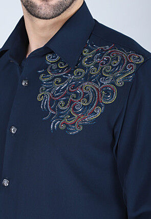 Hand Embroidered Polyester Shirt in Navy Blue