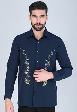 Hand Embroidered Polyester Shirt in Navy Blue