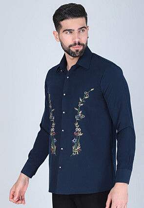 Hand Embroidered Polyester Shirt in Navy Blue