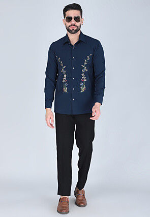 Hand Embroidered Polyester Shirt in Navy Blue
