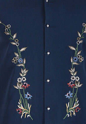 Hand Embroidered Polyester Shirt in Navy Blue