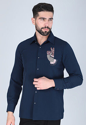 Hand Embroidered Polyester Shirt in Navy Blue