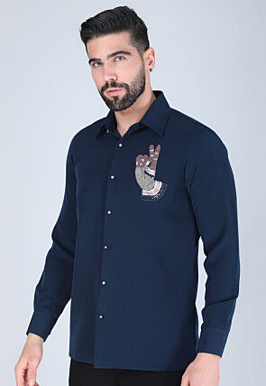 Hand Embroidered Polyester Shirt in Navy Blue