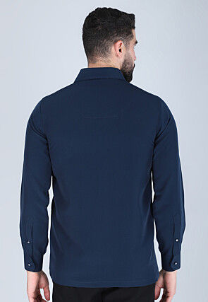 Hand Embroidered Polyester Shirt in Navy Blue