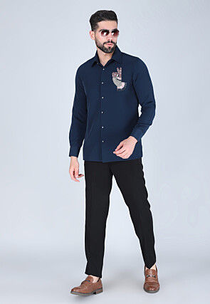 Hand Embroidered Polyester Shirt in Navy Blue
