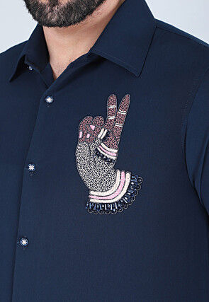 Hand Embroidered Polyester Shirt in Navy Blue