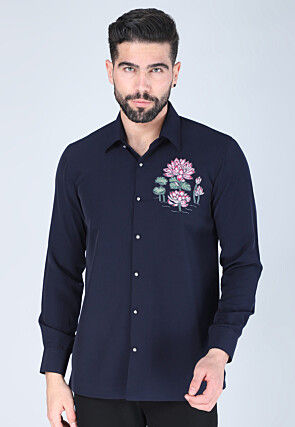 Hand Embroidered Polyester Shirt in Navy Blue