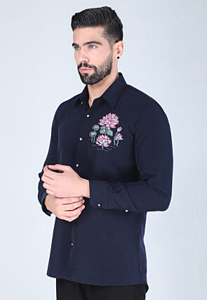 Hand Embroidered Polyester Shirt in Navy Blue