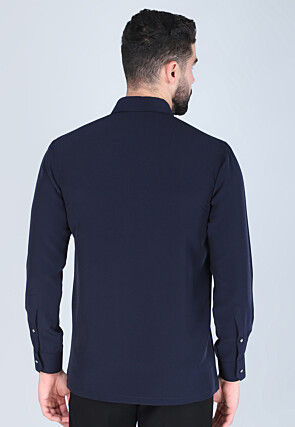 Hand Embroidered Polyester Shirt in Navy Blue