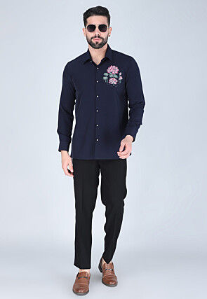Hand Embroidered Polyester Shirt in Navy Blue