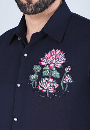 Hand Embroidered Polyester Shirt in Navy Blue