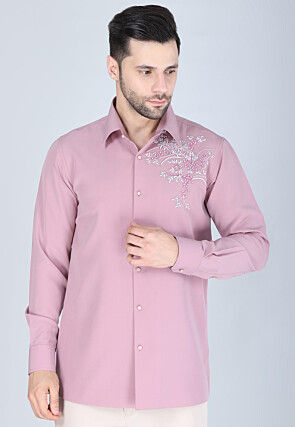 Hand Embroidered Polyester Shirt in Pink