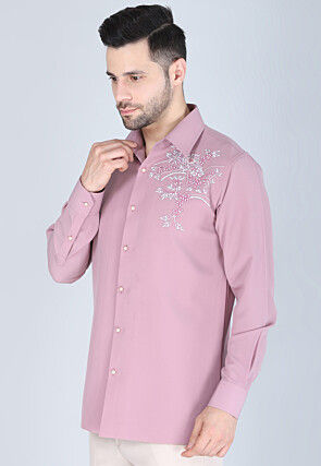 Hand Embroidered Polyester Shirt in Pink