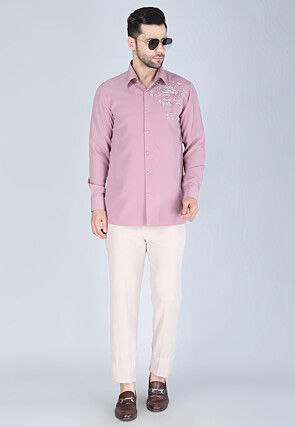 Hand Embroidered Polyester Shirt in Pink