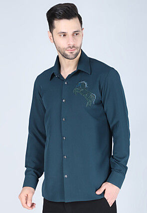 Hand Embroidered Polyester Shirt in Teal Blue