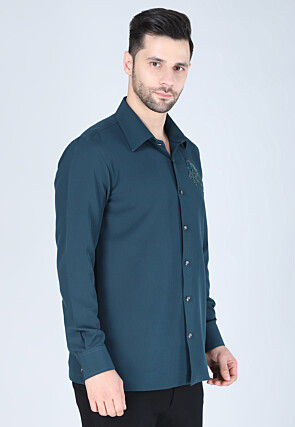 Hand Embroidered Polyester Shirt in Teal Blue