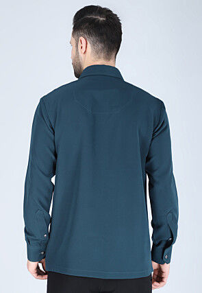 Hand Embroidered Polyester Shirt in Teal Blue