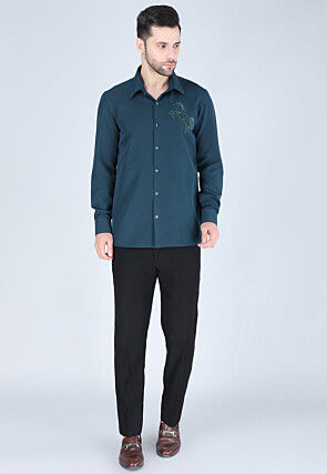 Hand Embroidered Polyester Shirt in Teal Blue