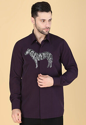 Hand Embroidered Polyester Shirt in Violet