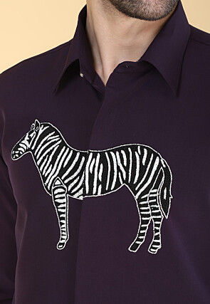 Hand Embroidered Polyester Shirt in Violet