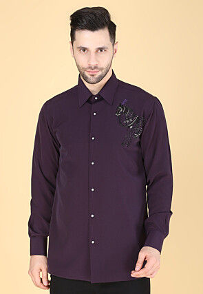 Hand Embroidered Polyester Shirt in Violet
