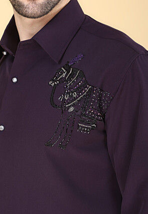 Hand Embroidered Polyester Shirt in Violet