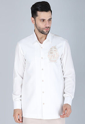 Hand Embroidered Polyester Shirt in White