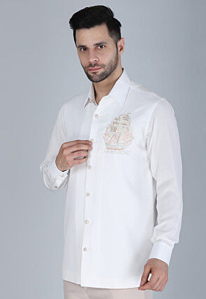 Hand Embroidered Polyester Shirt in White