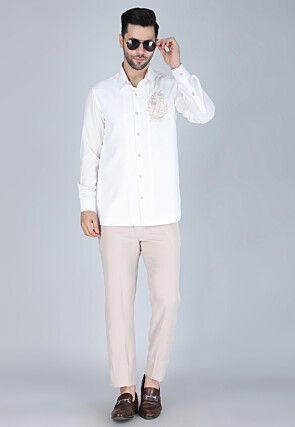 Hand Embroidered Polyester Shirt in White