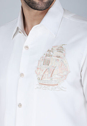 Hand Embroidered Polyester Shirt in White