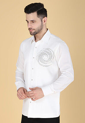Hand Embroidered Polyester Shirt in White