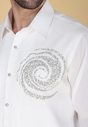 Hand Embroidered Polyester Shirt in White