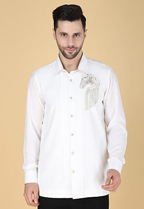 Hand Embroidered Polyester Shirt in White