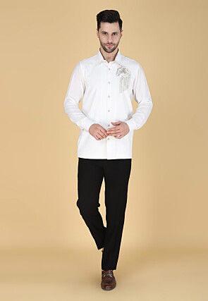 Hand Embroidered Polyester Shirt in White