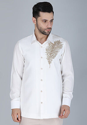 Hand Embroidered Polyester Shirt in White