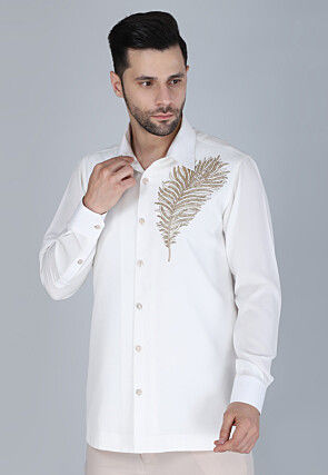 Hand Embroidered Polyester Shirt in White