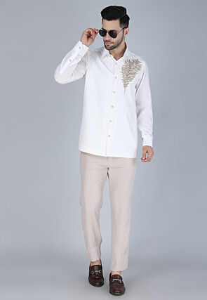 Hand Embroidered Polyester Shirt in White