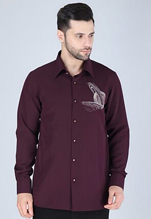 Hand Embroidered Polyester Shirt in Wine