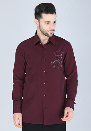 Hand Embroidered Polyester Shirt in Wine