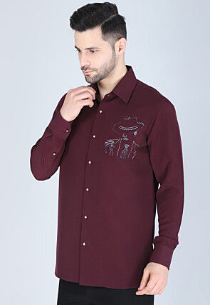 Hand Embroidered Polyester Shirt in Wine