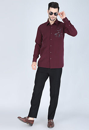 Hand Embroidered Polyester Shirt in Wine