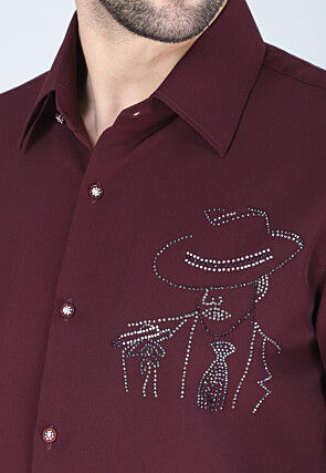 Hand Embroidered Polyester Shirt in Wine
