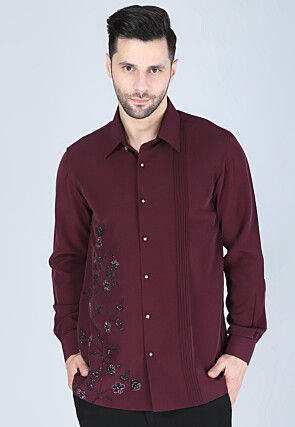 Hand Embroidered Polyester Shirt in Wine