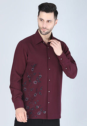 Hand Embroidered Polyester Shirt in Wine
