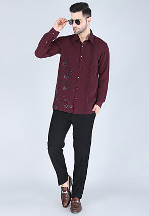 Hand Embroidered Polyester Shirt in Wine