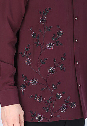 Hand Embroidered Polyester Shirt in Wine